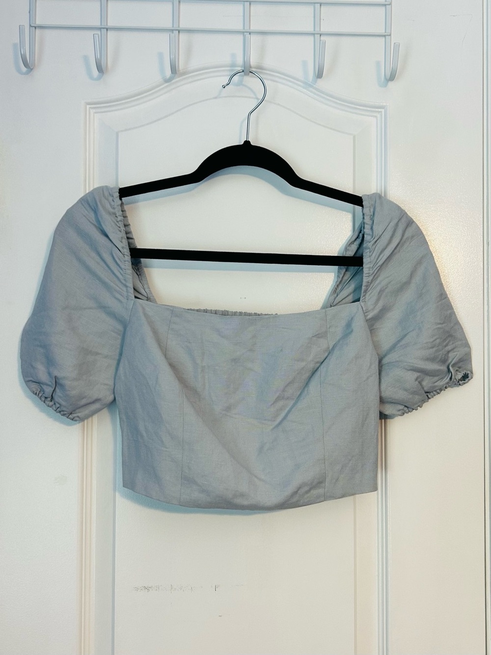 NWT OAK + FORT Pale Blue Linen Blend Crop Top Short Sleeve Side Zip - Size XS